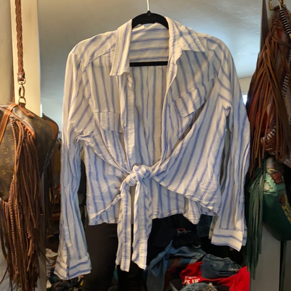 Denim and white tie shirt, worn a few times! Super cute with jeans and boots!
